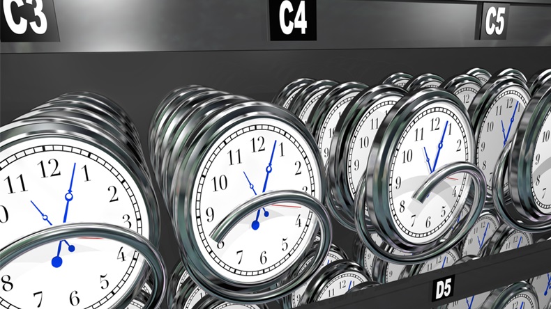 Many clocks in a vending machine to illustrate the importance and fleeting nature of time and the desire to buy more and make a moment last longer - Illustration 