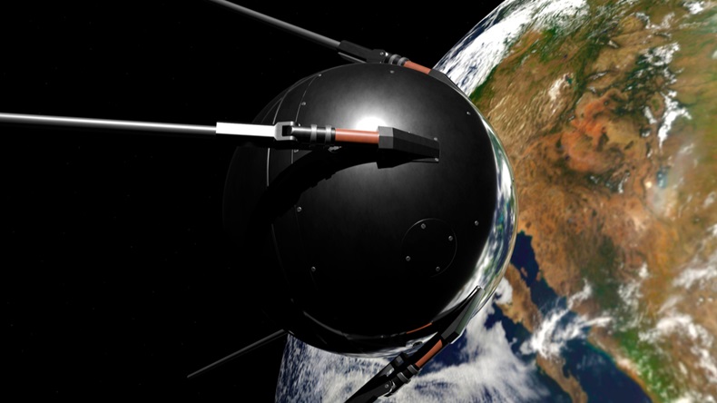 Satellite Sputnik 1 in space against the earth. 3d rendering.