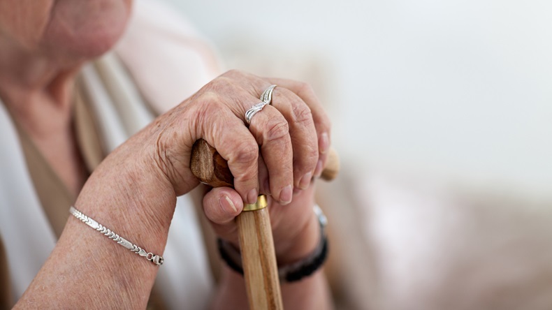 Old wrinkled woman hands holding walking stick