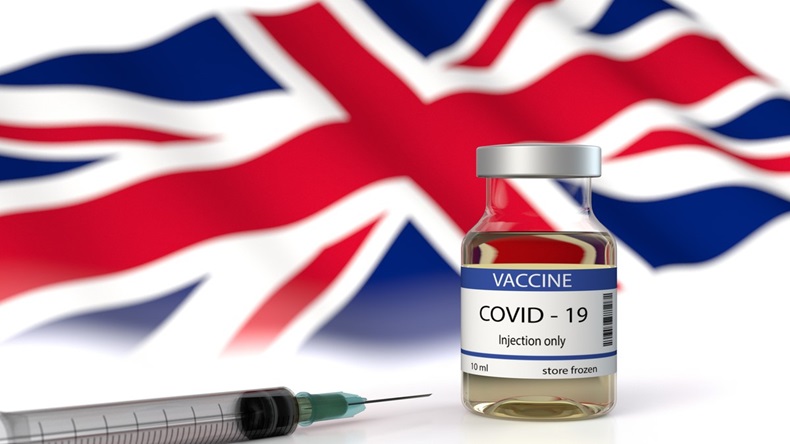 3D illustration of Pfizer BionTech Moderna COVID 19 Vaccine approved in Britain England United Kingdom. Corona Virus SARS CoV 2, 2020 2021 nCoV vaccin delivery on UK flag background.
