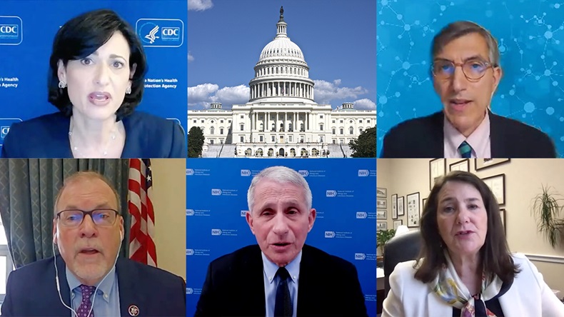 From top left: Rochelle Walensky, Peter Marks, Diana DeGette, Anthony Fauci, and Morgan Griffith participated in the 17 March 2021 hearing in the Energy & Commerce Committee’s Oversight and Investigations subcommittee.