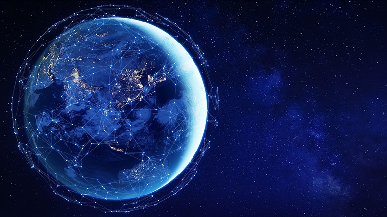Connected network around planet Earth from space for global communication technology concept in Asia as Internet of Things, mobile web, fintech blockc - Image ID: 2ARNH7W (Alamy)