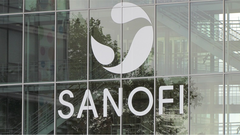 Lyon France, 3 October 2017: White logo of the french multinational pharmaceutical company Sanofi on their glass office building in Lyon France - Image 