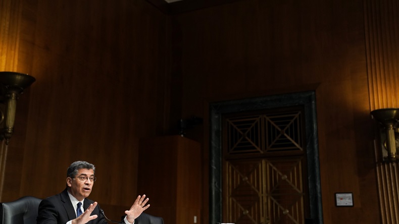  Xavier Becerra testifies before the Senate Finance Committee hearing on his nomination to be secretary of Health and Human Services (HHS), on Capitol Hill in Washington, DC, on February 24, 2021. GettyImages-1231364820 (Photo by Greg Nash /Pool/AFP via Getty Images) 