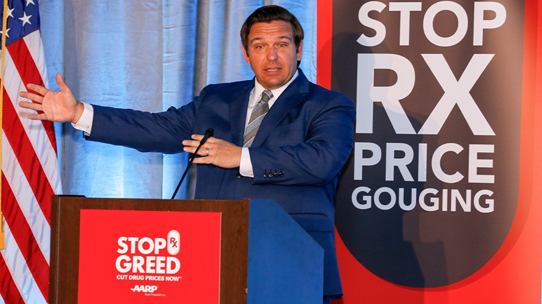 TALLAHASSEE, FL - APRIL 23: Florida Governor Ron DeSantis addresses the audience of the first of a series of "u201cWe Hear You"u201d Town Halls to hear from older Americans about how the high cost of prescription drugs is affecting them at Florida State University"u2019s Turnbull Conference Center on April 23, 2019 in Tallahassee, Florida. (Photo by Don Juan Moore/Getty Images for AARP)