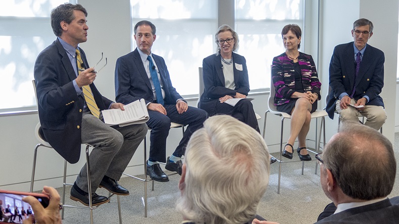 (From left to right) Michael McCaughan with FDA Center directors Jeff Shuren, Susan Mayne, Janet Woodcock and Peter Marks at Reagan-Udall Foundation for FDA.