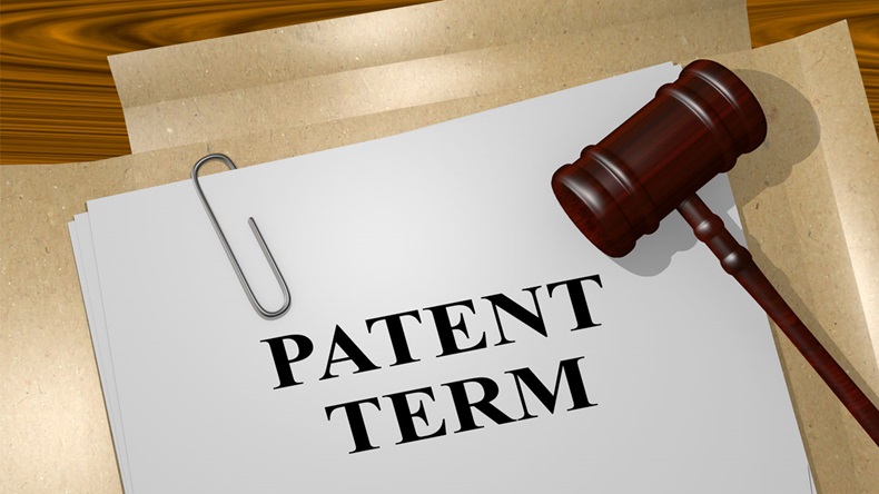 3D illustration of "PATENT TERM" title on legal document