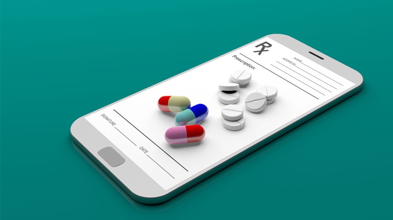 Pills and prescription on a smartphone isolated on green background. 3d illustration