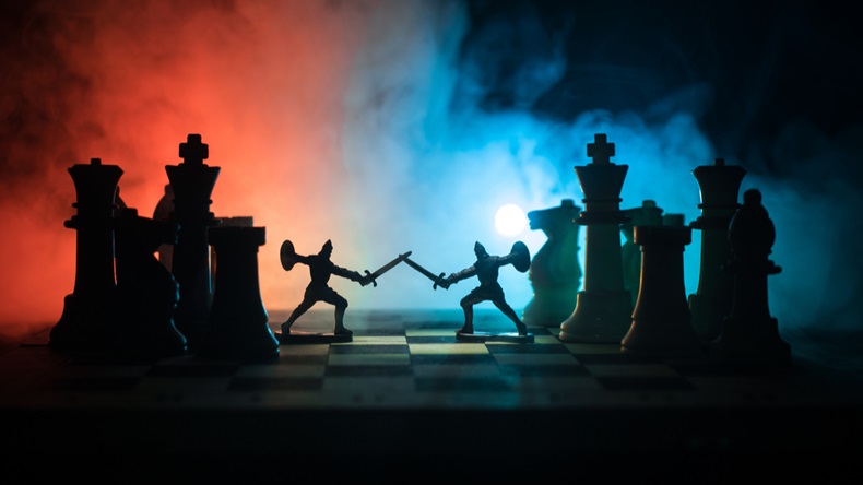 Medieval battle scene with cavalry and infantry on chessboard. Chess board game concept of business ideas and competition and strategy ideas Chess figures on a dark background with smoke and fog. - Image 