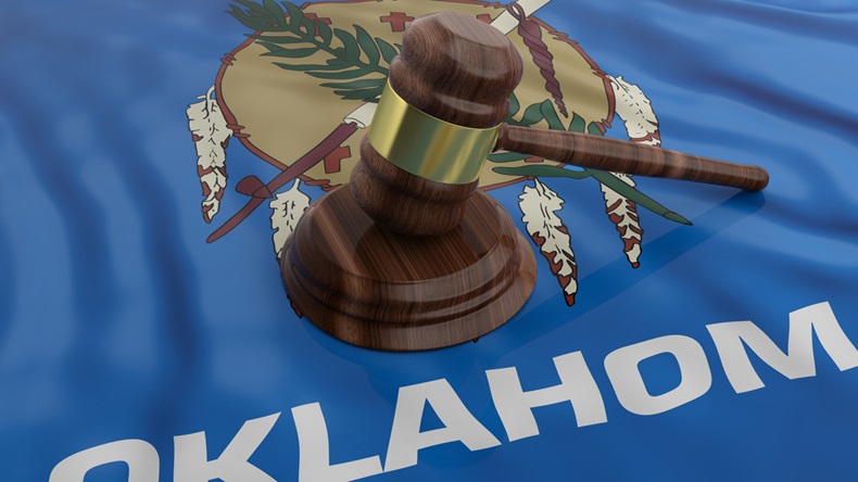 Judge or auction gavel on Oklahoma US of America waving flag background. 3d illustration - Illustration 