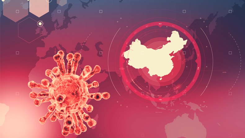Microscopic view of Coronavirus, a pathogen that attacks the respiratory tract. Analysis and test, experimentation. Contagion. Sars. World map with China highlighted. 3d render