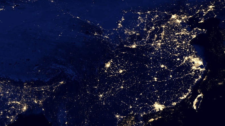 China at night by VIIRS: This view of East Asia at night is a composite image assembled from data acquired by the Suomi National Polar-orbiting Partnership (Suomi NPP) satellite over nine days in April 2012 and thirteen days in October 2012