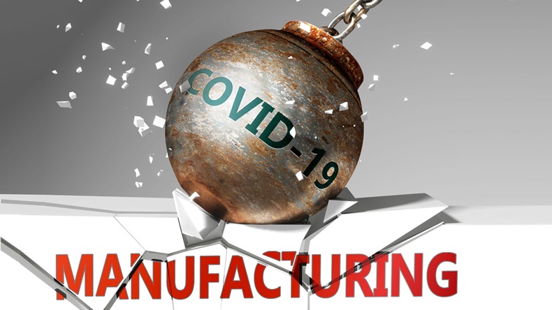 covid-19 affects Manufacturing and leads to a crash and crisis, 3d illustration