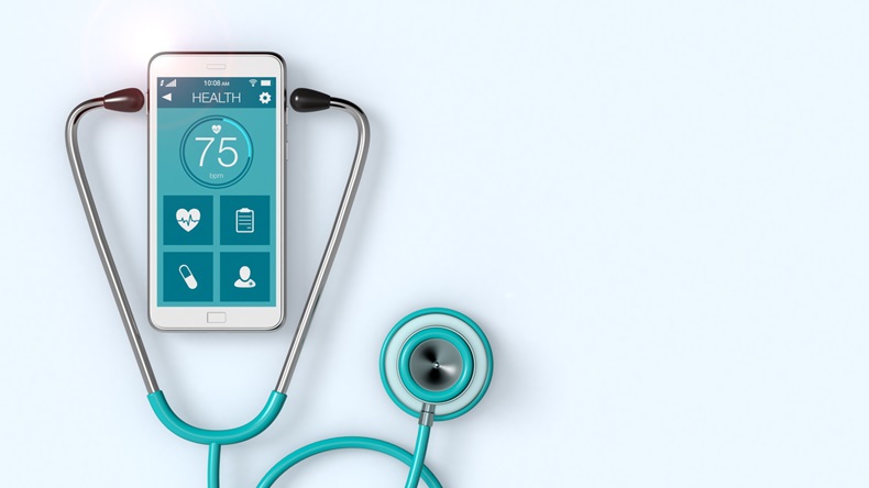 stethoscope and a smartphone with a medical app, copyspace (3d render)