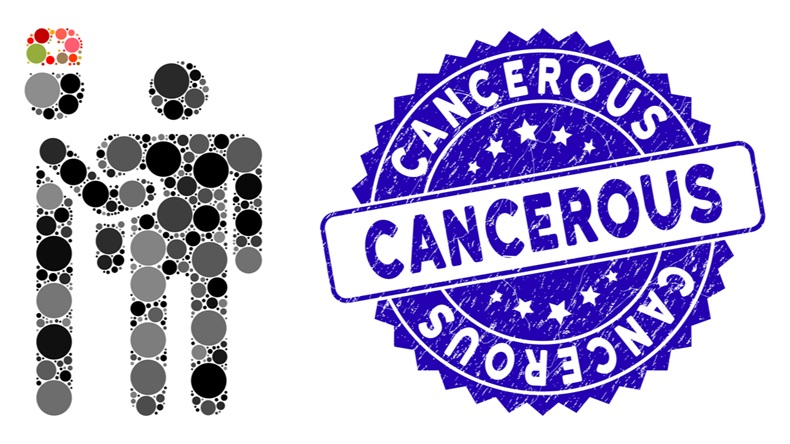 Mosaic medical test icon and corroded stamp seal with Cancerous text. Mosaic vector is created with medical test icon and with scattered spheric spots. Cancerous stamp seal uses blue color,