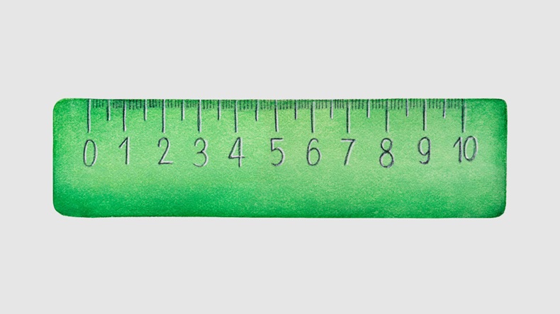 Stylized measuring ruler watercolour illustration. One single object, front view, green color, cute design, 10 centimetres long. Hand painted colorful sketchy drawing, isolated clip art element.