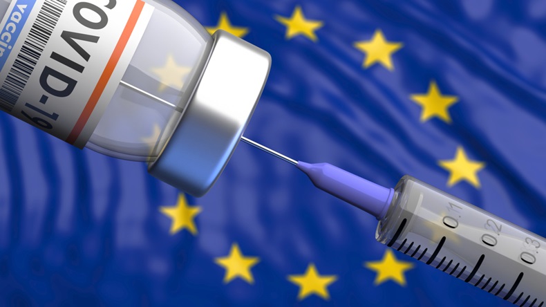 EU Coronavirus vaccine, Europe. Covid-19 vaccination, flu prevention, immunization concept. Vial dose and medical syringe, European Union flag background. 3d illustration