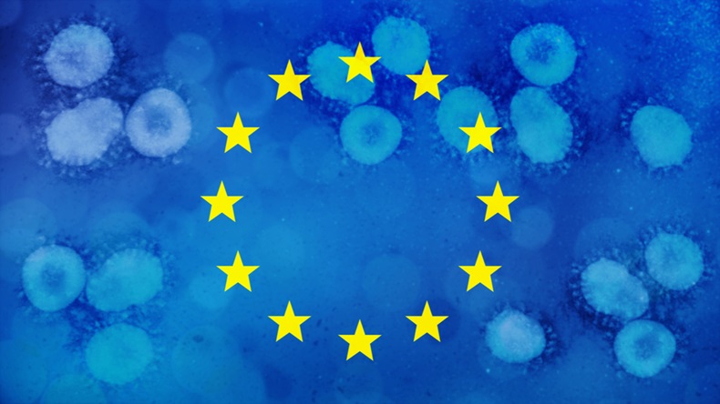 European Union flag with covid-19 coronavirus in background