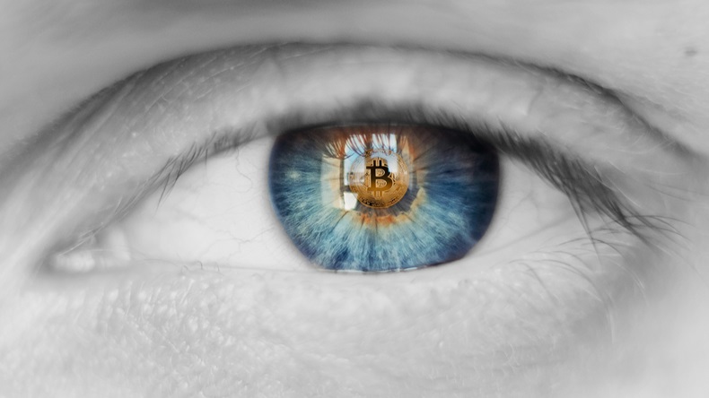 Eye of person with bitcoin coin logo in pupil