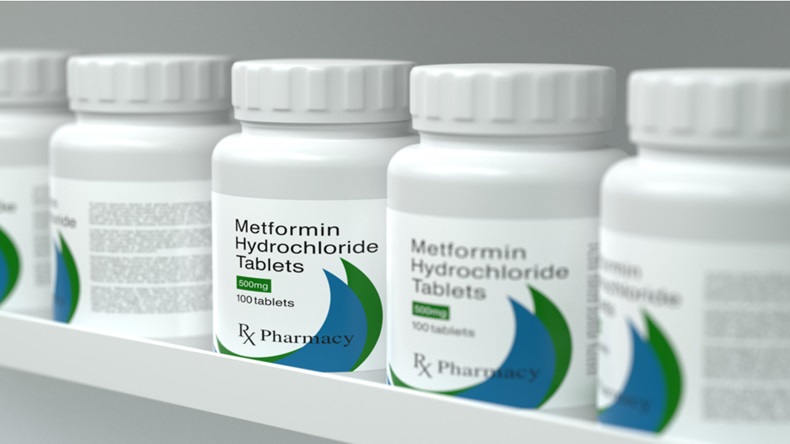 3D illustration of Facsimile Metformin bottle on shelf