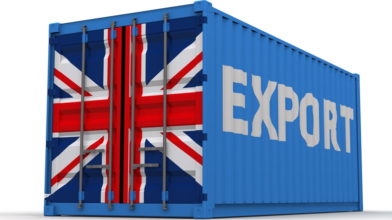 Export of Great Britain. Freight container on a white surface with inscription "EXPORT" and images of the United Kingdom flag on the doors
