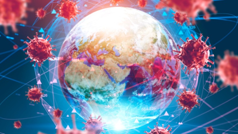 Flu ncov coronavirus over Earth background and its blurry hologram