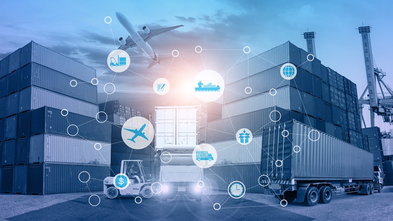 Smart technology concept with global logistics partnership and transportation of Container Cargo ship and Cargo plane for Concept of fast or instant shipping, Online goods orders worldwide