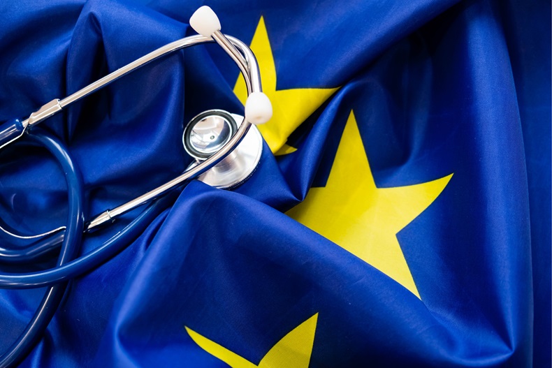 Stethoscope with European Union flag. Concept of the health of Europe. Stethoscope over European Flag