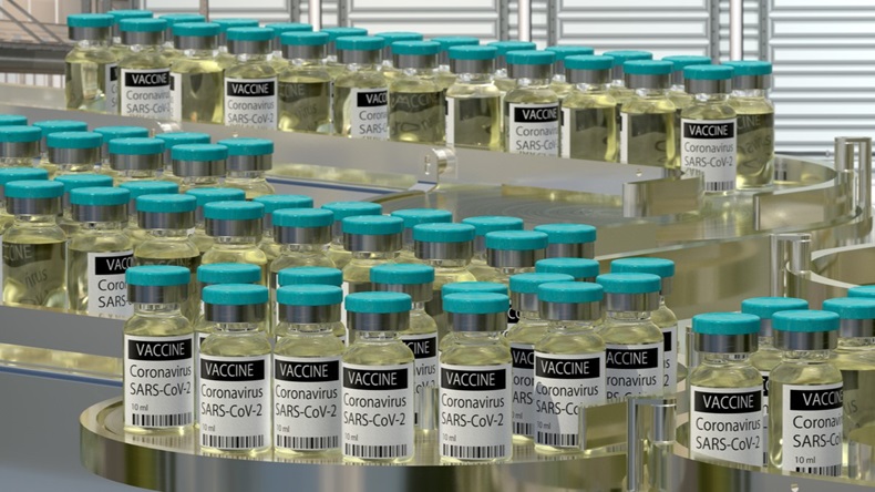 Sars-cov-2 coronavirus vaccine on a production line in a pharmaceutical factory. 3D illustration.