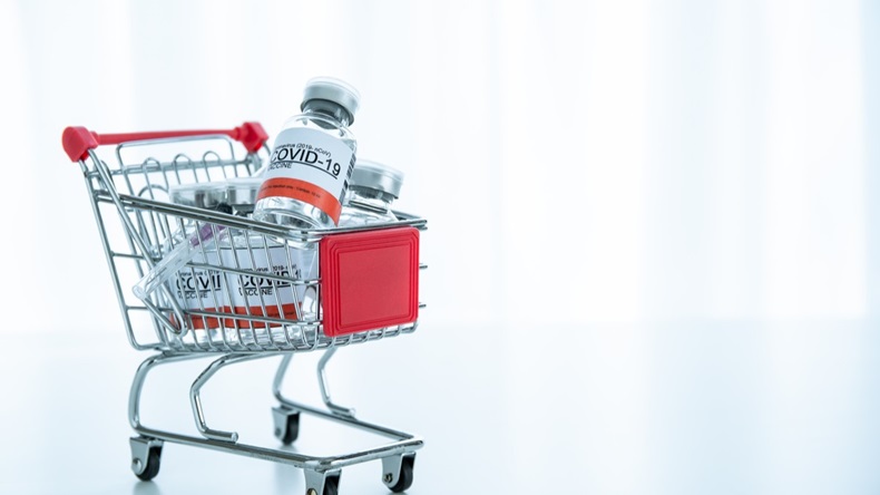Coronavirus 2019-nCoV or COVID-19 vaccine doses in a shopping cart with copyspace