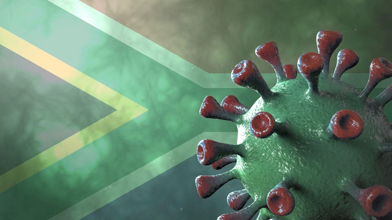 Covid south africa variant, covid-19 virus with african green flag