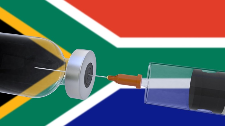 3D Illustration vaccine container bottle accompanied by a syringe with South Africa flag covid19