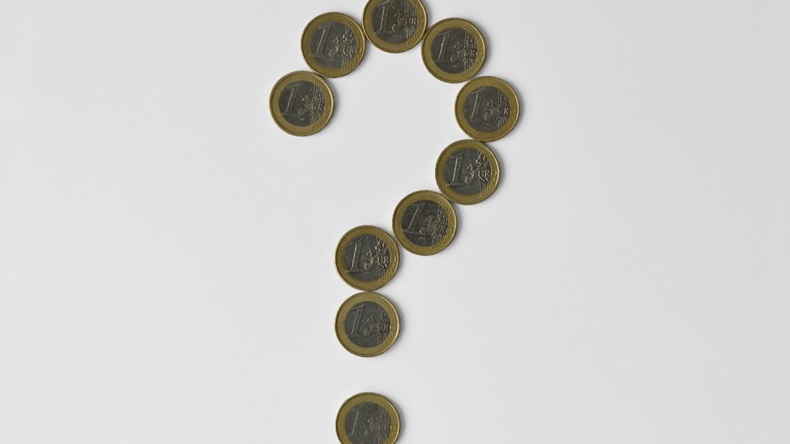 Question mark made of euro coins on white background - Concept of financial uncertainty, crisis and uncertain future of euro