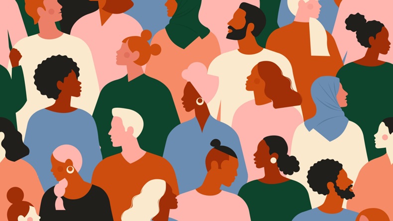 Crowd of young and elderly men and women in trendy hipster clothes. Diverse group of stylish people standing together. Society or population, social diversity. Flat cartoon vector illustration.