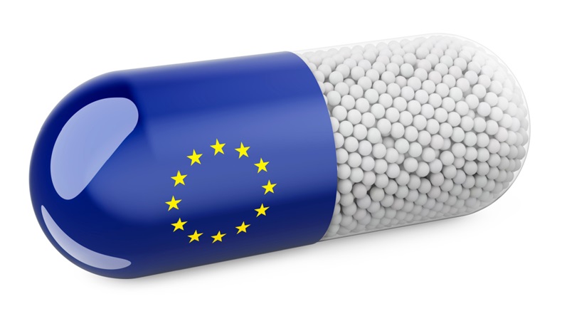 Pill capsule with the EU flag. Healthcare in the European Union concept