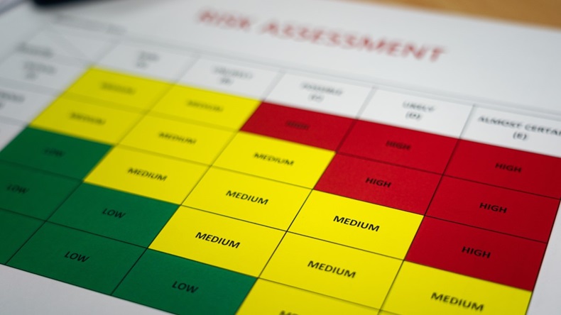 Close-up at medium level of Risk assessment matrix table paper document. Industrial and business planning object. Selective focus at the medium text.