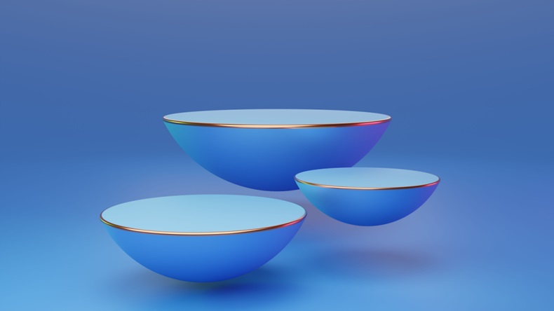 3 empty blue half spheres floating with red and green rim light on bright background.