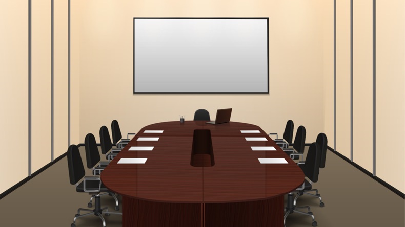 Conference room interior with big table and screen