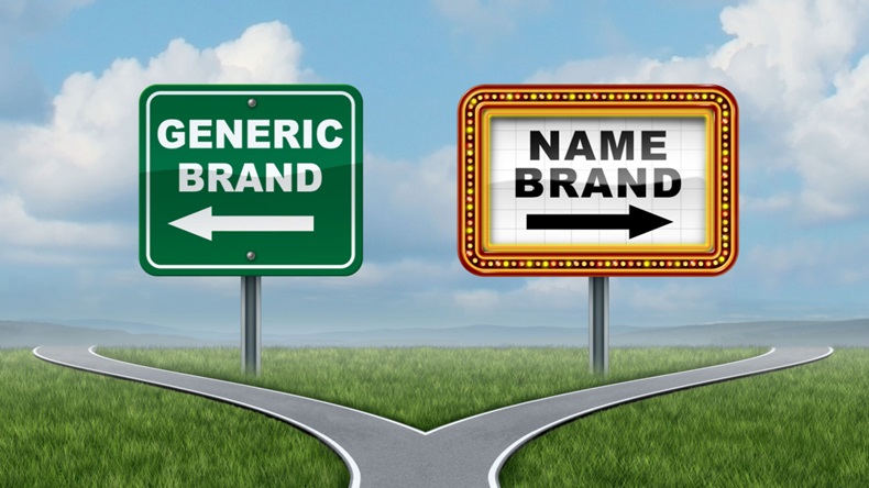 road that splits in two directions with one direction leading toward "generic brand" and one direction leading toward "name brand" 