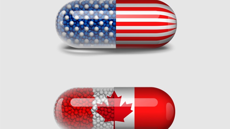 two medication pills with US flag and Canada flags printed on the