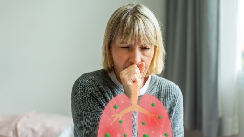 older woman coughing with cartoon of her lungs drawn over her image. 