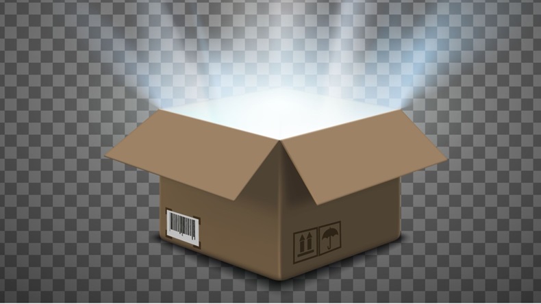Open cardboard box with a glow inside. Isolated on a transparent background.