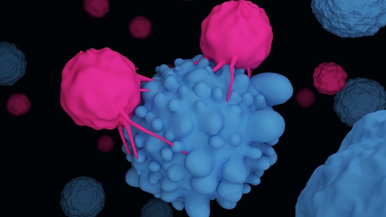 Illustration of T cells attacking cancer cells 
