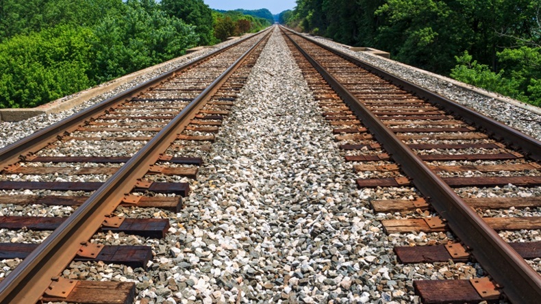Two sets of railroad tracks run straight and parallel to a vanishing point on the horizon with green trees along side.