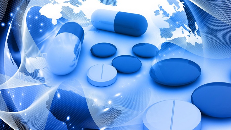 medicine pills and world globe on abstract digital background