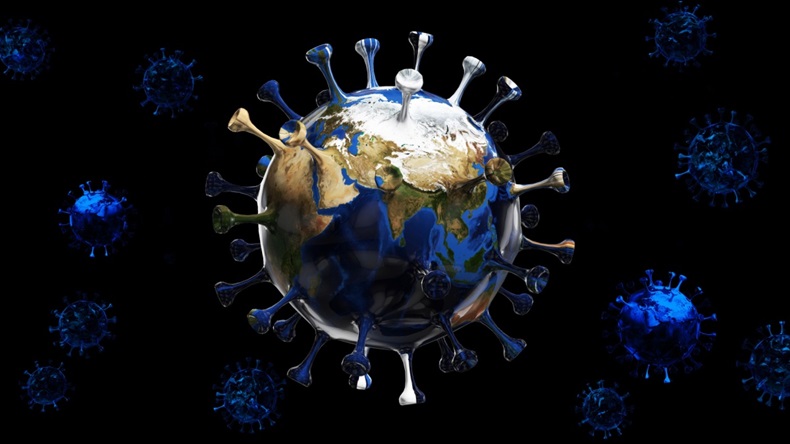 The planet earth transform to virus on isolated black background with clipping path. 3d illustration for corona virus or COVID-19 attack the world. Virus