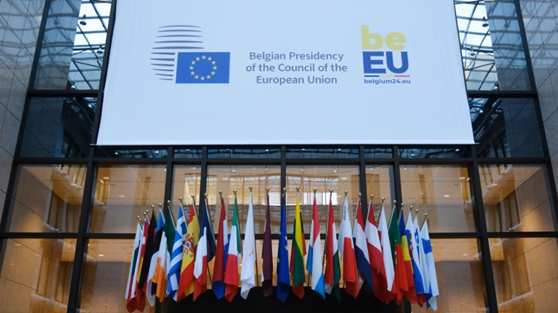 A view of a banner in the EU Council offices marking the taking over of the rotating presidency of the European Council by Belgium in Brussels on January 16, 2024.