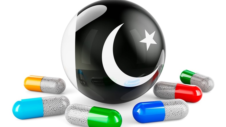 Pills capsules with Pakistani flag. 3D rendering isolated on white background