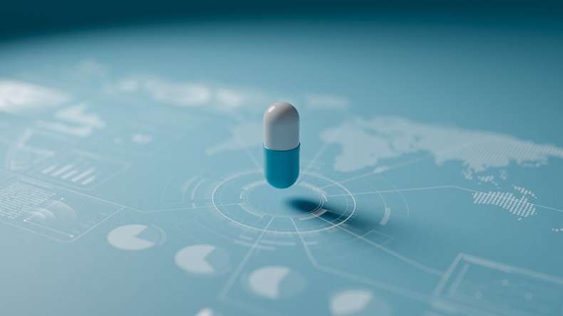 Capsule in mid-air on graphs and big data of the global diffusion of the new pharmaceutical drug.