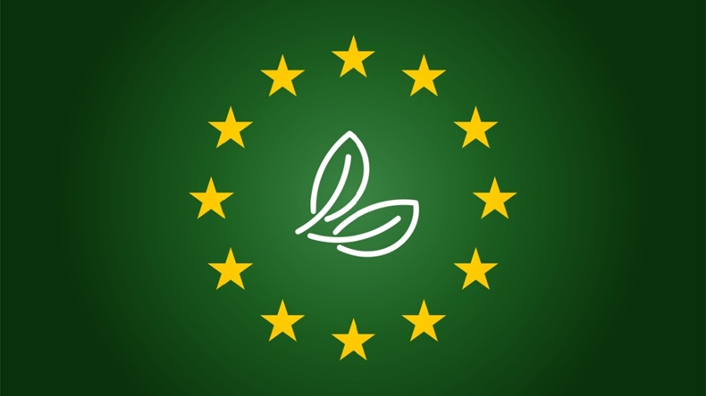 green leaf and Europe Union- EU flag background.